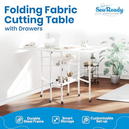 Sew Ready Folding Sewing Craft Table with Storage, Adjustable Height Cutting Desk with Drawers and Wheels for Quilting, Fabric, and Hobby Room, White - color: White / White
