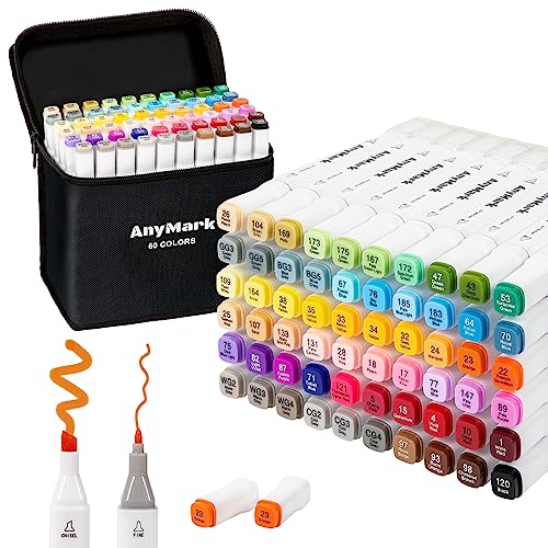 AnyMark Alcohol Markers, 60 Colors Dual Tip Art Coloring Markers Set for Adult Book Drawing Sketching Painting, Chisel & Fine, White Penholder