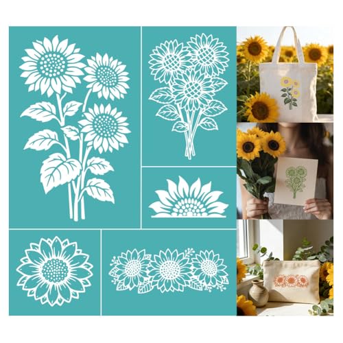 2 Sheets Sunflower Pattern Silk Screen Stencil, Sunflower Bouquet Self-Adhesive Silk Screen Printing Stencils Reusable Mesh Stencils for Painting for Painting on Wood, Home Craft Decor - color: Sunflower