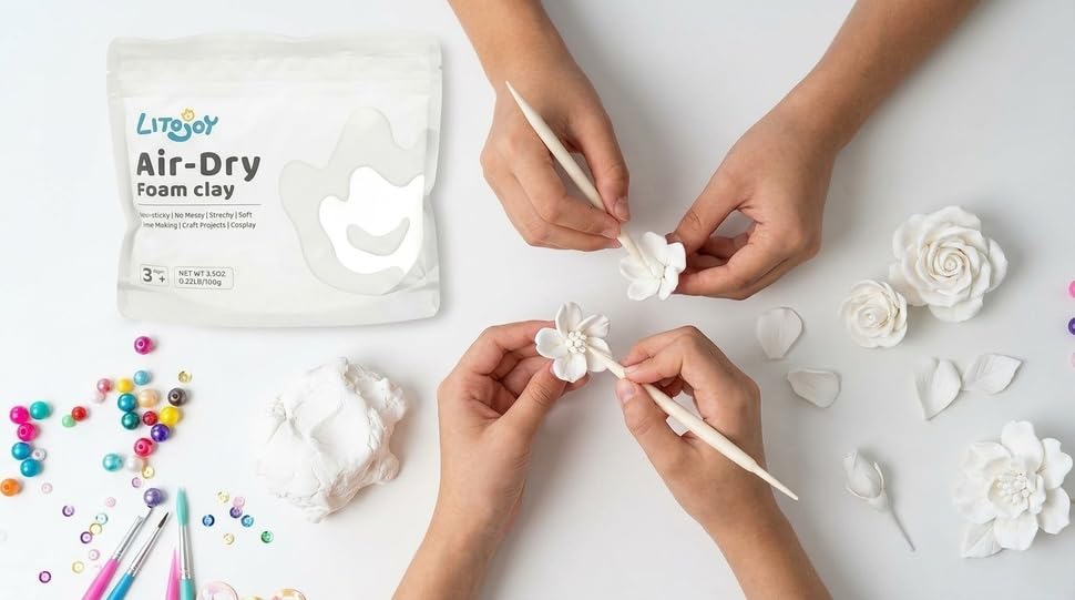 White Air Dry Foam Clay - 3.5 OZ (0.22 LB) 100 Grams - Modeling, Soft, Light Weight, for School Supply, Art Projects, Christmas Deco, Cosplay Props, Slime Supplies, Flower Mirror (White) - color: White
