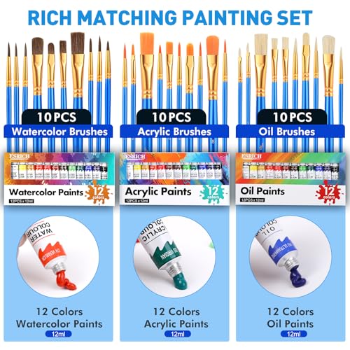 ESRICH Acrylic Paint Canvas Set, 78 Pcs Professional Painting Supplies Kit with 3 Wood Easel, 3 * 12Colors, 3 * 10 Brushes,Circular Canvas Etc, Premium Paint Kit for Kids, Artists and Beginner - color: 36Color