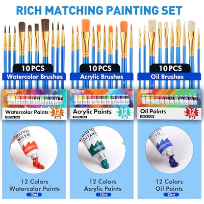 ESRICH Acrylic Paint Canvas Set, 78 Pcs Professional Painting Supplies Kit with 3 Wood Easel, 3 * 12Colors, 3 * 10 Brushes,Circular Canvas Etc, Premium Paint Kit for Kids, Artists and Beginner - color: 36Color