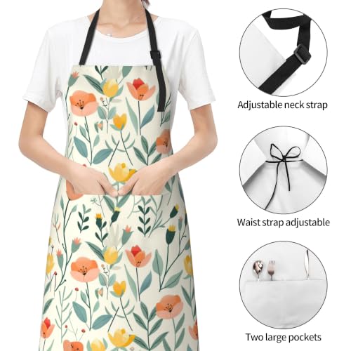 Cream Pastel Wildflower Art Waterproof Apron with Pockets | Garden Aprons for Men Women Adjustable Bib Apron for Cooking Kitchen Baking BBQ Painting Housework Oil Resistant - color: Rich Botanical Print
