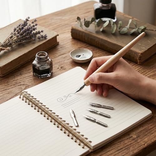 11 PCS Dip Pen Nibs, Calligraphy Nibs with Wooden Pen Holder, Dip Pens Nib Oblique Calligraphy Pens for Drawing Sketching Writing Ink Signing