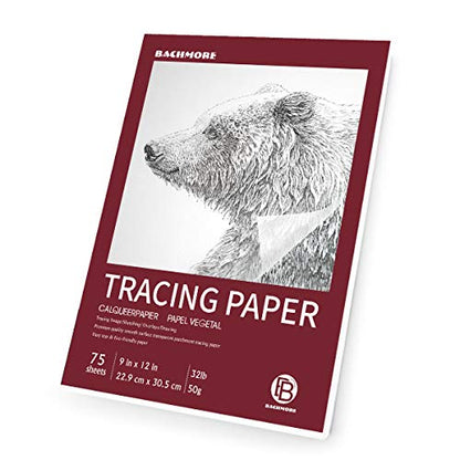 Bachmore 9”x12” Artist’s Tracing Paper Pad, 75 Sheets – Translucent Tracing Paper for Pencil, Marker and Ink - Trace Images, Sketch, Preliminary Drawing, Overlays 32 LB / 50 GSM - size: 9 X 12