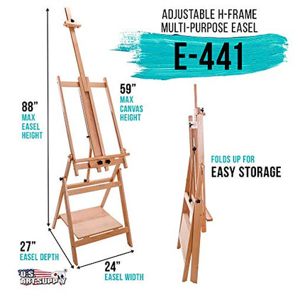 U.S. Art Supply Large Adjustable H-Frame Multi-Purpose Studio Artist Easel - 88" High, Holds 59" Canvas - Sturdy Wooden Floor Painting Holder, Display Stand, Designed as Painting Easel for Adults