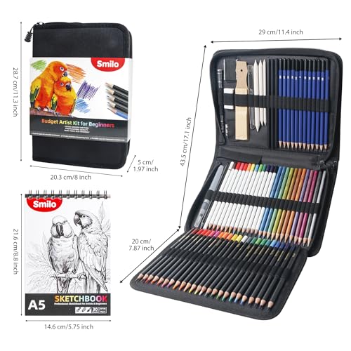Smilo 76-Piece Professional Drawing Kit - Sketching Set with Graphite, Charcoal, Watercolor & Metallic Pencils, Art Knife, Sandpaper Block, Woodless Pencil in Travel Case for Adults & Beginners - style: 76pcs Art Supplies