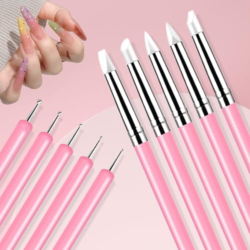 10Pcs Nail Art Tool Set, 5Pcs Ultra-Fine Nail Art Liner Brushes & 5Pcs Dual-Ended Silicone Dotting Pens, Precision Nail Art Painting Pens for Intricate Lines, Dots, Patterns & Salon DIY Manicure - color: Liner Brush & Silicone Pens