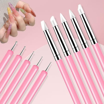10Pcs Nail Art Tool Set, 5Pcs Ultra-Fine Nail Art Liner Brushes & 5Pcs Dual-Ended Silicone Dotting Pens, Precision Nail Art Painting Pens for Intricate Lines, Dots, Patterns & Salon DIY Manicure - color: Liner Brush & Silicone Pens