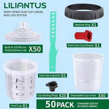 Disposable Paint Spray Gun Cups for Automotive Paint Gun, Paint Mixing Cups 20 Ounce Kit - 50 Pack Paint Cups with Lids,2 Hard Cups with 2 Retainer Rings,1 Paint Gun Adapter and 1 Paint Stirrer - size: 20 ounce