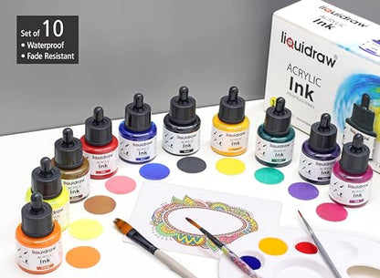 Liquidraw Acrylic Drawing Ink - 10 x 1.18 fl oz (35 ml) Bottles with Ink Dropper | Suitable for Painting, Art Drawing & Design | Great for Professionals, Artists, Students & Hobbyists | Craft Gift