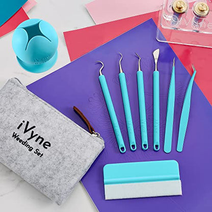 iVyne (8pcs) Premium Vinyl Weeding Tool Kit & Weeding Scrap Collector Soft Grip Tools with Berry, Weeder, Tweezers, Picker Or Hook, and Scraper Set for Silhouette Cameos & Cricut - Blue - color: Silicone Tools & Berry Blue