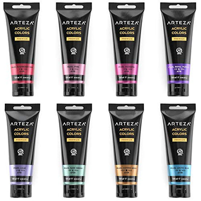 ARTEZA Metallic Acrylic Paint, Set of 8 Vibrant Essentials Colors 4.06oz Tubes, Rich Pigments, Non-Fading, Paints for Artists & Hobby Painters - style: 8 x 120ml (4.06 fl oz) Vibrant Essentials