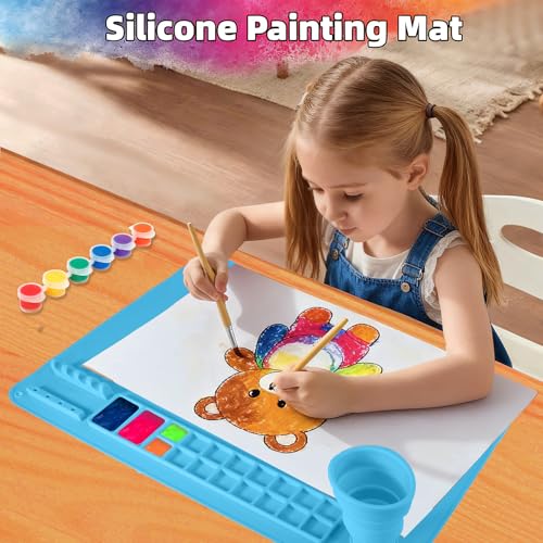 Silicone Painting Mat, 20"X16" Craft Mat,Large Art Mat with Built in Cup and Paintbrush Holder, Nonslip Clay Mats, Color Dividers Silicone Mats for Painting, Table, Resin and DIY Blue - color: Blue