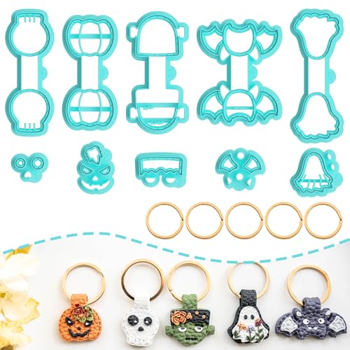 Tainsky Halloween Shapes Keychain Polymer Clay Cutter, 10 Shapes Fall Polymer Clay Keychain Cutters (A) - color: Keychain-A