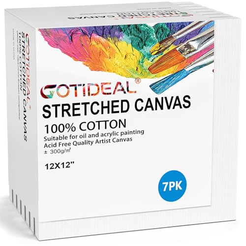 GOTIDEAL Stretched Canvases for Painting, 12x12 Inch Set of 7, Primed White - 100% Cotton Blank Art Square Canvas Boards for Painting for Acrylic Pouring, Oil Paint Dry & Wet Art Media - color: White, size: 12"x12"
