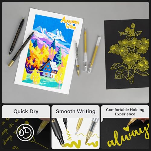 ZSCM 5 Pack Gold Acrylic Ink Pens for Drawing, Fine Point Gold Gel Pens, Brush Tip Markers，Dual-Tip Opaque Acrylic Markers for Black Paper Highlighting Drawing, Sketching, Illustration, Card Making