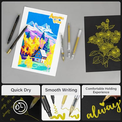 ZSCM 5 Pack Gold Acrylic Ink Pens for Drawing, Fine Point Gold Gel Pens, Brush Tip Markers，Dual-Tip Opaque Acrylic Markers for Black Paper Highlighting Drawing, Sketching, Illustration, Card Making