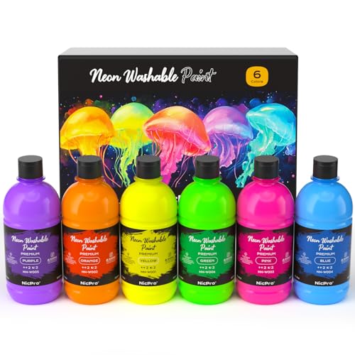Nicpro 6 Colors Fluorescent Large Washable Paint Set for Kid (16.9 oz), Glow in the Black Light, Non Toxic Neon Tempera Paints for Art, Craft DIY, Poster & Finger Paint, School, Home, Classroom, Party - size: 16.9 Fl Oz (Pack of 6)