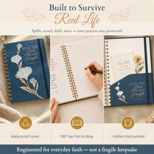 Hardcover Blank Christian Notebook – 140 Pages – Seek the Lord | Lined Pages with Bible Verse Cover – Inspirational Writing Spiral Notebook for Bible Study, 1 Chronicles 16:11 - color: Blue