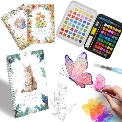 Water Color Paint Book Set for Beginners, Watercolor Workbook Kit with 48 Colors, 3 Brushes & Step-by-Step Guide to Create 30 Pictures, All-in-One Watercolor Practice Book Gift for Adults (3 Packs) - color: Black
