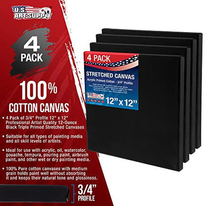 U.S. Art Supply 12x12 inch Black Mini Canvases for Painting, 4 Pack Bulk Small Stretched Artist Canvas Professional Primed - Ideal for Arts & Crafts, Heavy-Weight Gesso - Acrylic Pouring, Oil - size: 12" x 12"