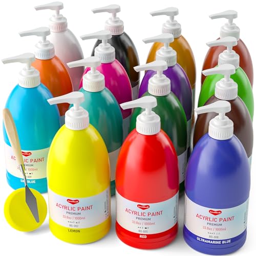 Smallbudi 15 Colors Large Acrylic Paint Set (33.8 oz,1000 ml) Art Painting Bulk Supplies for Multi Surface Canvas Wood Leather Fabric Rock Craft, Non Toxic Paint for Kid & Adult with Pump, Color Wheel - color: 15 Colors 1000ml
