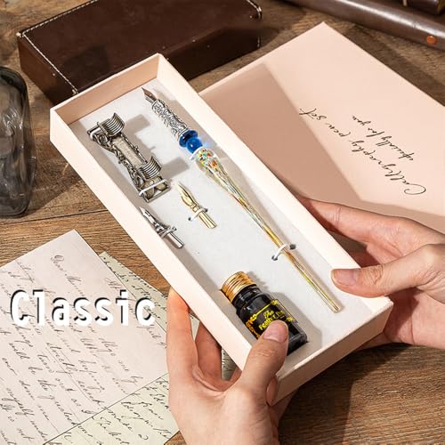 HUIOP Quill Pen,Retro Glass Dip Ink Pen Set Vintage Quill Pen Calligraphy Crystal Writing Signature Ink Dipped Pen with 2 Nibs & Pen Holder in Gift Box for Handwriting Student Friends Lovers