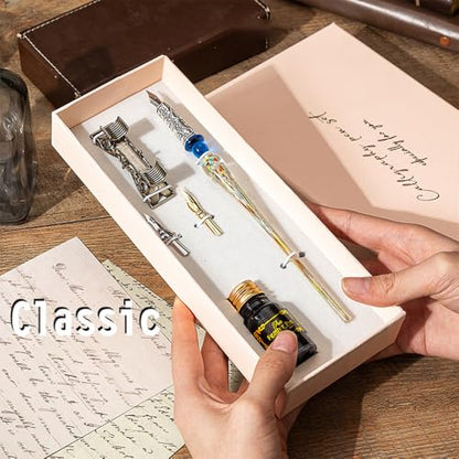 HUIOP Quill Pen,Retro Glass Dip Ink Pen Set Vintage Quill Pen Calligraphy Crystal Writing Signature Ink Dipped Pen with 2 Nibs & Pen Holder in Gift Box for Handwriting Student Friends Lovers