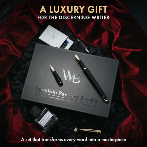 Wordsworth & Black Fountain Pen Set,18K Gilded Medium and Extra Fine Nib,25MLBlack Ink Bottle,6 Ink Cartridges,Refill Converter,Gift Box,Smooth Writing Pens [Black Gold],Gift Set for Men and Women - color: Black Gold