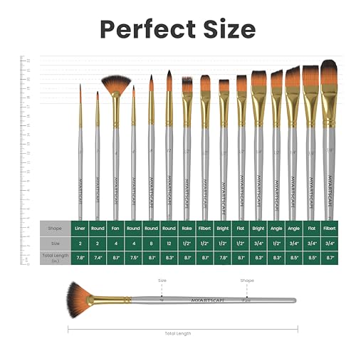 MyArtscape Paint Brush Set - 15 Short Handle Art Brushes for Gouache, Watercolor, Acrylic and Oil Painting - Premium Taklon Brushes - Fan, Filbert, Flat, Round, Shader, Angle and Bright