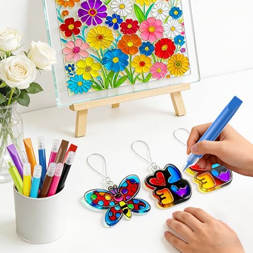 48 Pcs Suncatcher Paint Pens, Stained Glass Sun Catcher Pens 24 Colors 10ML Each, Suncatcher Kit Glass Paint Window Art Pen Crafts for Gift DIY Party Activity Supplies