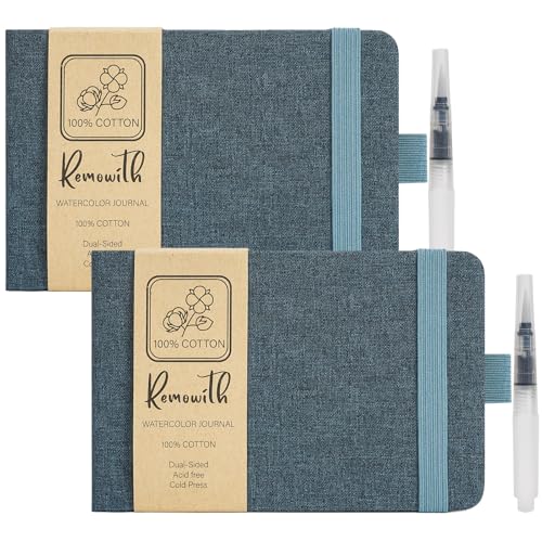 Watercolor Journal Sketchbook, 5.5" x 8.2" Sketch Books Artist Cotton Watercolor Paper, Linen Cover with Tap Water Pen, 24 Sheets 140 LB, 300 GSM for Travel Sketching On The Go Art, 2 Pack - color: Navy Blue, size: 5.5x 8.2 Inch 2 Pack