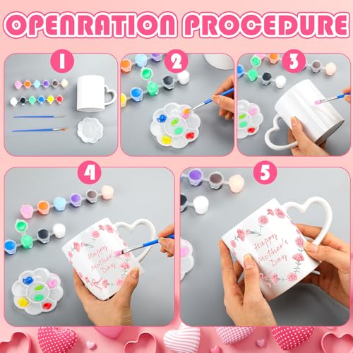 Potchen 4 Sets Paint Your Own Mug Painting Kits, Pastel Ceramic Mugs with Heart Handle Flower Cute Y2k Painting Mug Kit Activities Includes 4 Cups 8 Brushes 4 Palettes 2 Outlines Pen and 12 Markers