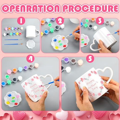 Potchen 4 Sets Paint Your Own Mug Painting Kits, Pastel Ceramic Mugs with Heart Handle Flower Cute Y2k Painting Mug Kit Activities Includes 4 Cups 8 Brushes 4 Palettes 2 Outlines Pen and 12 Markers