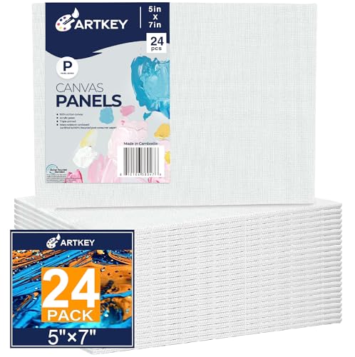 Artkey Canvas Boards 5x7 Inch 24-Pack, 10 oz Primed 100% Cotton White Blank Canvases for Painting, Art Paint Canvas Panels for Acrylic Oil Watercolor Tempera Paints - size: 5"x7", style: 24-Pack