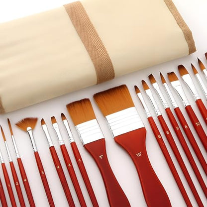 24pcs Paint Brush Set, Art Paint Brush Kit Set, Expert Series, with Canvas Brush Case, Professional for Oil, Acrylic, Gouache and Watercolor Painting - color: Red