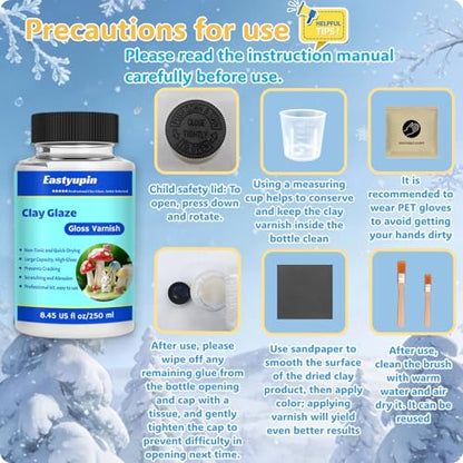 Air Dry Clay Glaze, 8.45fl Oz/250ml Clay Varnish,Pottery Glaze,with Measuring Cup Brush Petgloves, Scratch Resistant, Waterproof, Prevents Cracking, High-Gloss, Suitable for Clay Crafts
