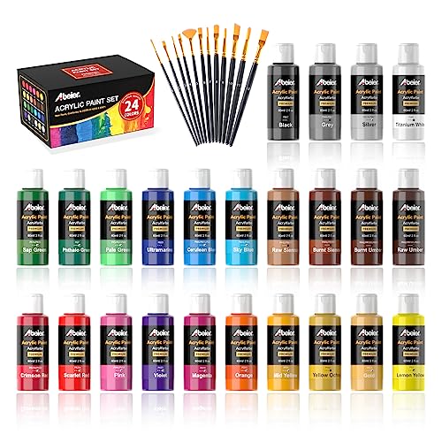 ABEIER Acrylic Paint Set, 24 Colors (60ml/2oz) with 12Paint Brushes, Non-Toxic, Waterproof, Strong Coverage for Kids Adults Beginners Students, Painting on Canvas Stone Wood Fabric Rocks Ceramic - style: Classic Colors