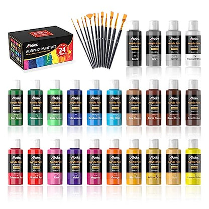 ABEIER Acrylic Paint Set, 24 Colors (60ml/2oz) with 12Paint Brushes, Non-Toxic, Waterproof, Strong Coverage for Kids Adults Beginners Students, Painting on Canvas Stone Wood Fabric Rocks Ceramic - style: Classic Colors