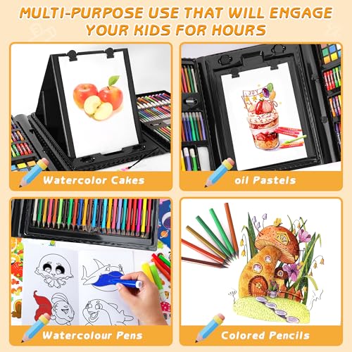 Art Supplies 332 Piece Drawing Art Kit Gifts for Girls Boys Kids Teens Gifts Art Set Case with Double Sided Trifold Easel, Stickers, Sketch Paper, Coloring Book, Pastels, Crayons, Pencils (Black) - color: Black