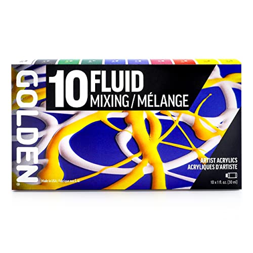 GOLDEN Fluid Acrylics, Fluid Mixing Set, 10 Color, 1 fl. oz. Bottles, Professional Acrylic Paint