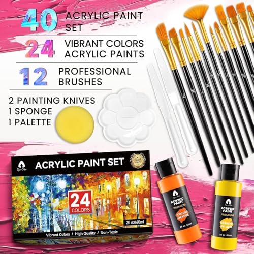 40 PCS Acrylic Paint Set - 24 Colors (2oz/60ml) with Brushes, Knives & Palette - Rich Pigments Gifts for Adults, Artists & Beginners - Painting on Canvas, Ceramic, Rock, Wood