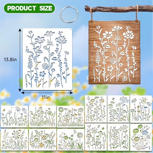 12 Pcs Large Wildflower Stencils, Reusable Floral Tempate for DIY Furniture Decor, Wild Flower Stencil for Painting on Wood DIY Crafts Canvas Wall Fabric(Wildflower) - style: Wildflower