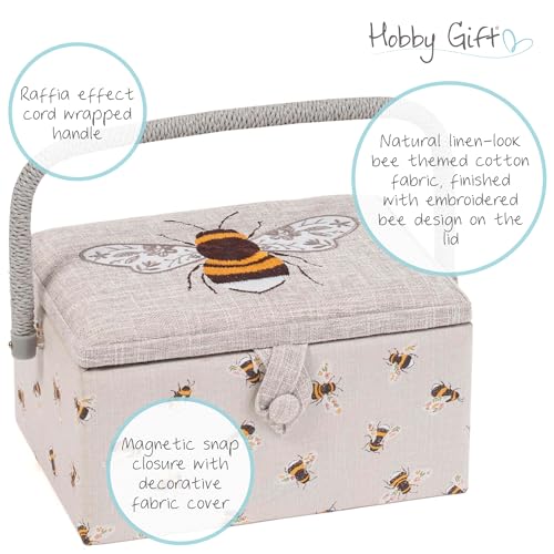 Hobby Gift Medium Sewing Box Organiser, Fabric Covered Storage Box with Handle, Internal Tray, Pin Cushion and Pocket for Sewing, Quilting and Knitting Supplies - color: Bees