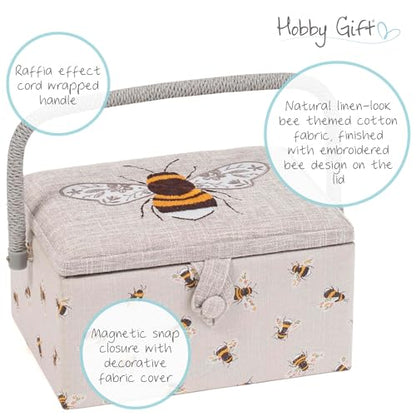 Hobby Gift Medium Sewing Box Organiser, Fabric Covered Storage Box with Handle, Internal Tray, Pin Cushion and Pocket for Sewing, Quilting and Knitting Supplies - color: Bees