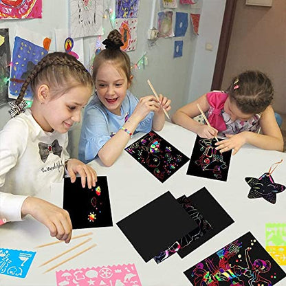 Mocoosy 60 PCS Rainbow Scratch Art Paper for Kids, Magic Scratch Paper Off Set Art and Craft Supplies, Black Scratch Pads Party Game Activities Birthday Gifts for Girls Boys 3 4 5 6 7 8 9 Years Old