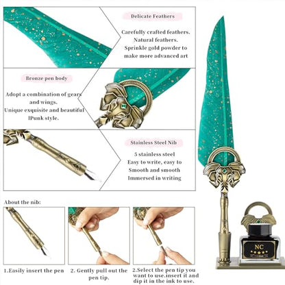 NC Quill Pen and Ink Set,with Quill Pen,Notebook,5 Replaceable Nibs,Ink,Pen Holder,Stamp,Spoon,Wax Beads, White Wax,Cup,Envelopes and Letter Paper Etc.Beautiful Gift Calligraphy Set.(Green) - color: Green