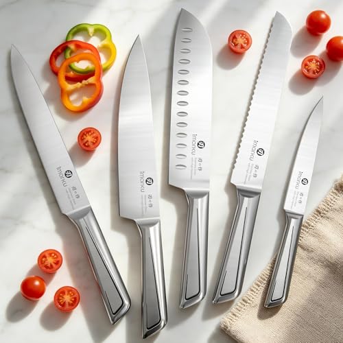imarku High Carbon Stainless Steel Gyutou Knife Set with Block, Precision-Forged Razor Sharp 10–15° Edge, Ergonomic Non-Slip Handle, Built-in Sharpener, Brown, Best Gift Choice, Cooking Enthusiasts - color: Silver/Brown