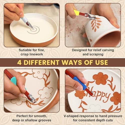 Lanties 4 Pcs Pottery Carving Tool Set Sculpture Scraper Craft Modelling Tools Red Pear Wood Texture Handle with Stainless Steel Blade for Clay Carving, Ceramic Sculpting, Graffito (Classic Color) - color: Classic Color